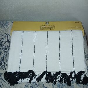 Robert Stanley White and Black Stripe Tassel Table Runner